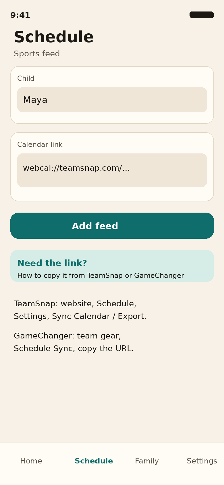 Maw and Paw sports feed screen with a calendar link and help