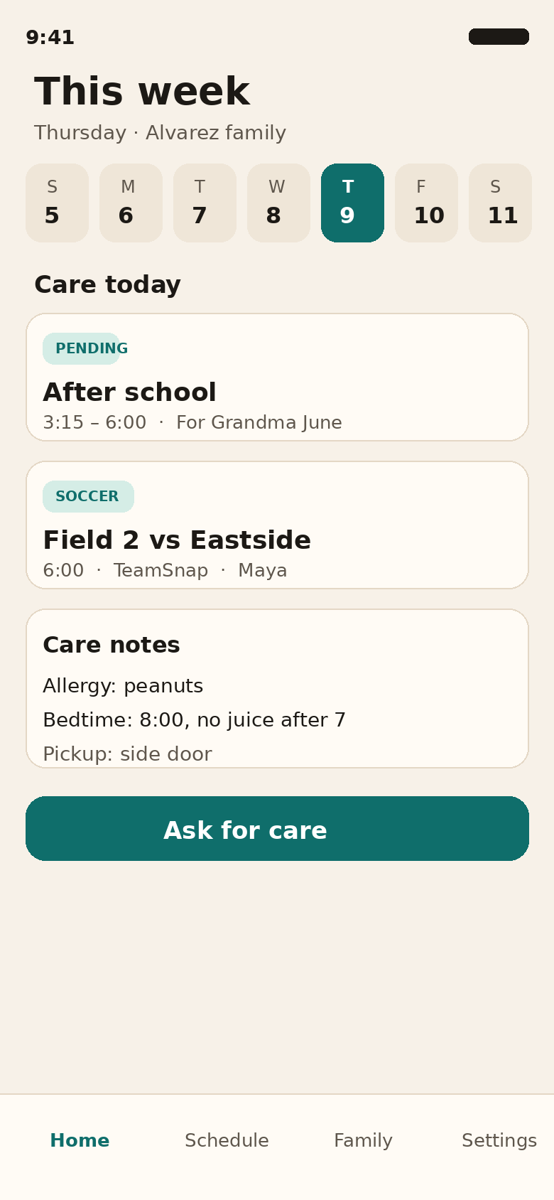 Maw and Paw home screen with Thursday care and a soccer game