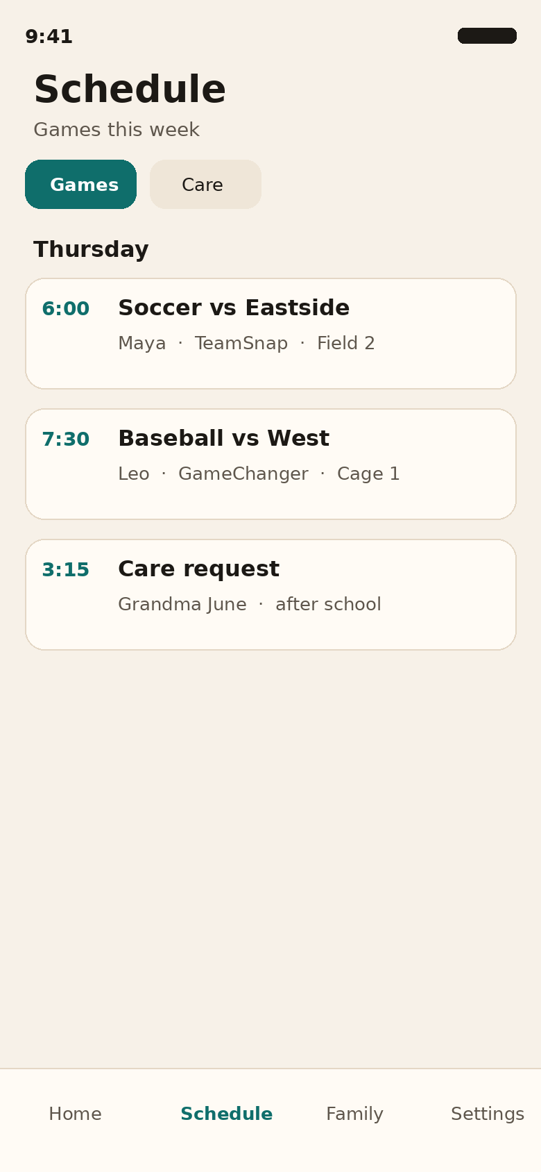 Maw and Paw schedule with grandchildren games from TeamSnap and GameChanger